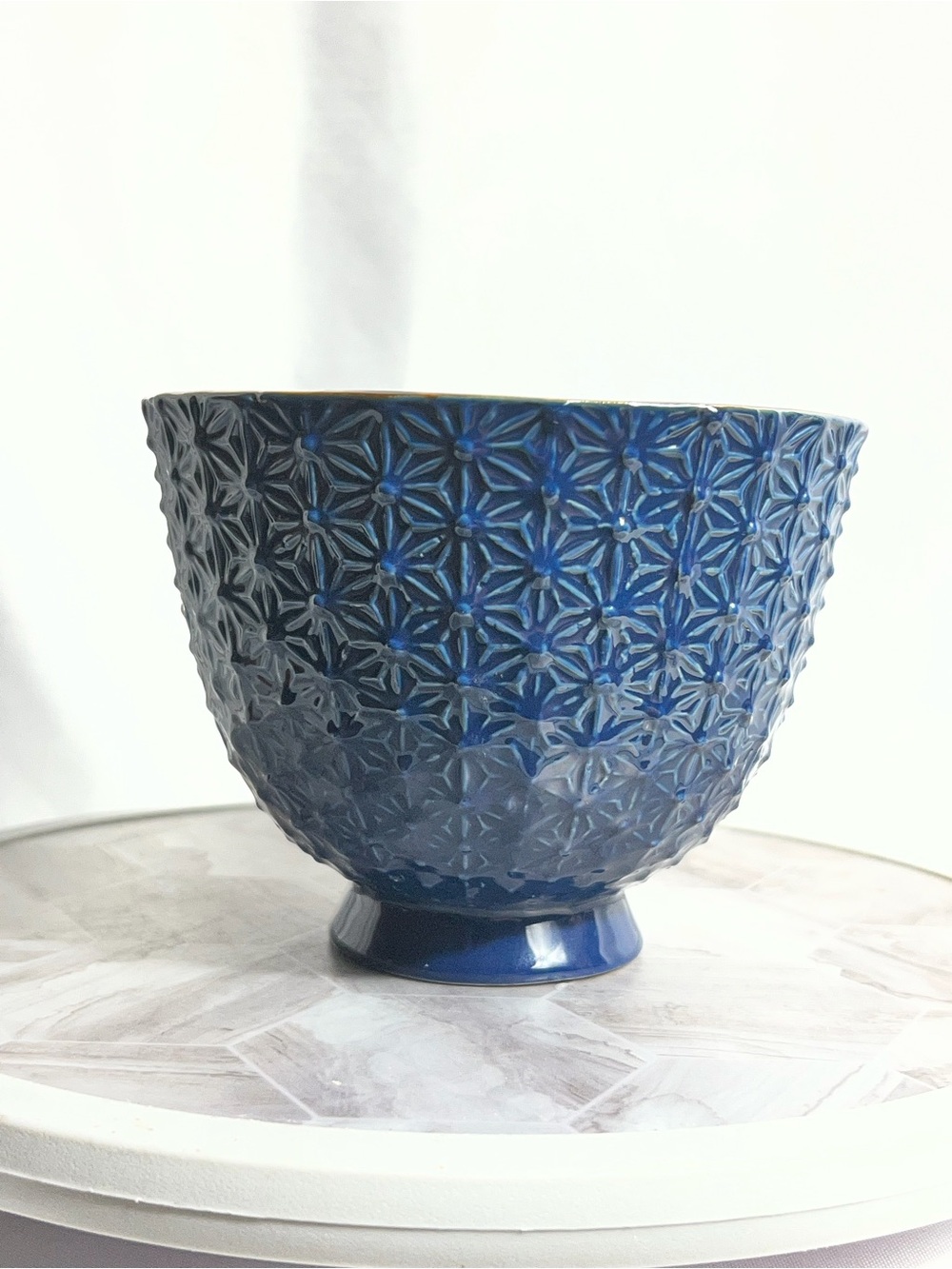 Blue Textured Floral Ceramic Pedestal Bowl Gold Interior Decorative Accent 6”